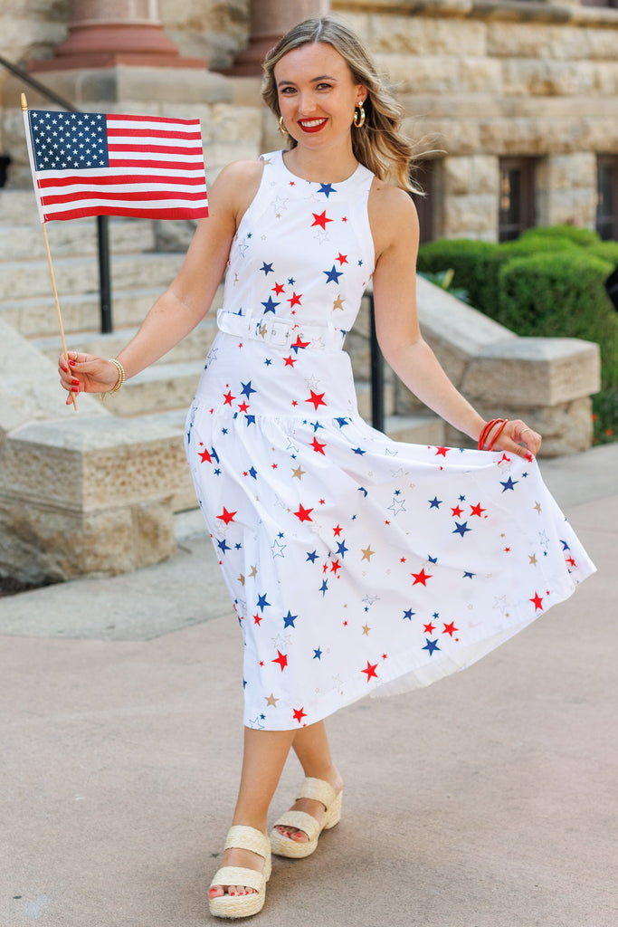 dress red white blue Star Print Belted Midi | 4th of July Dress tier color block dress Mandatory blues return to Size:40½ FIVEFAVE