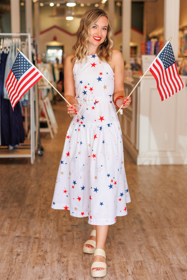 STAR-SPANGLED BELTED MIDI DRESS
