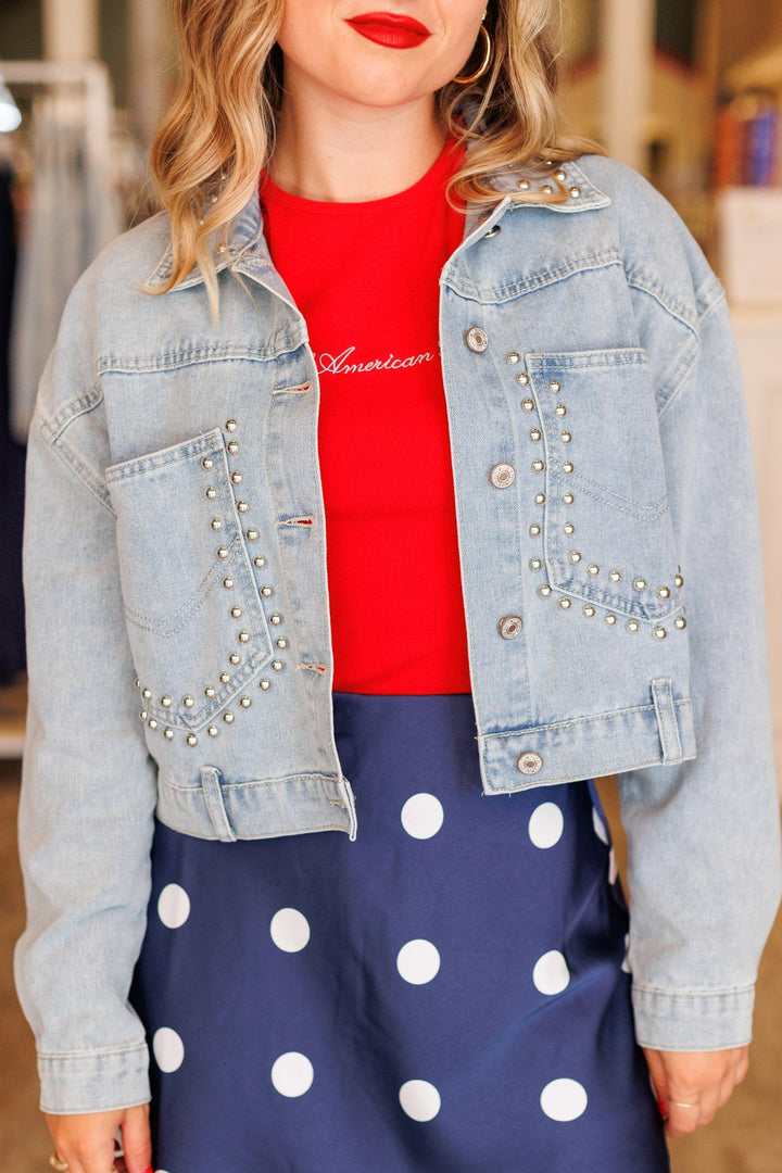 STUDDED CROP DENIM JACKET