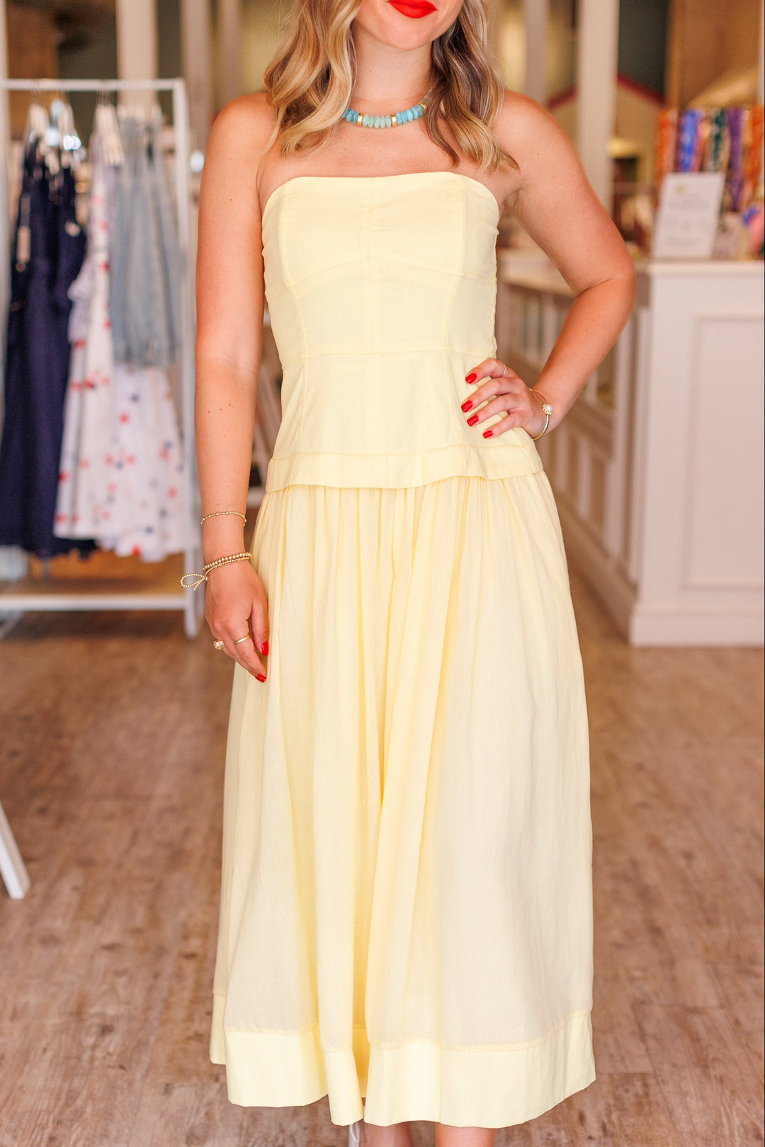 CANARY STRAPLESS CORSET MIDI DRESS