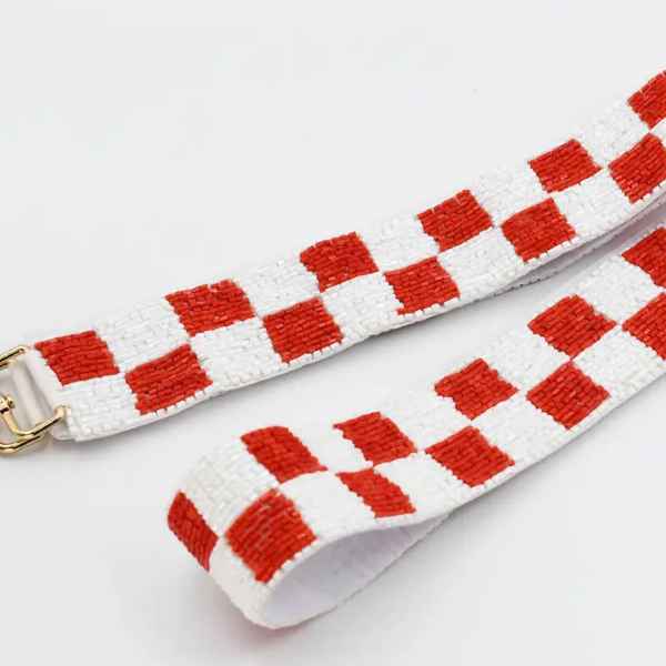 CHECKER BEADED HANDBAG STRAP: RED/WHITE