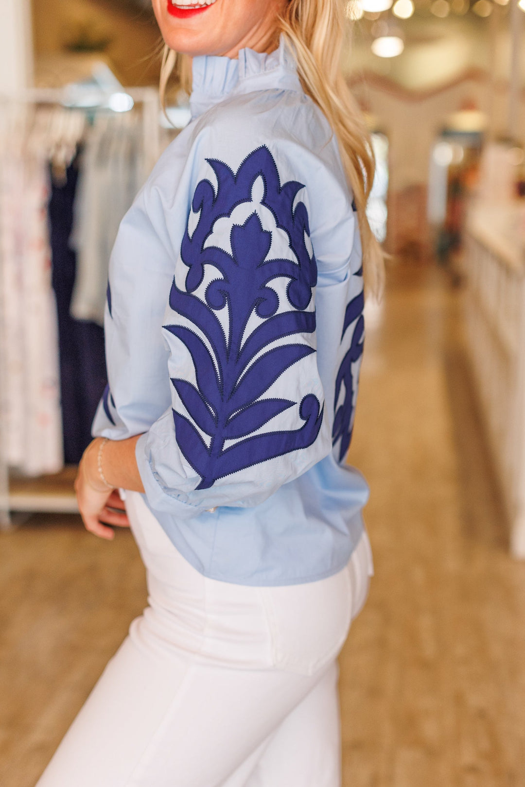NAVY &amp; BABY BLUE APPLIQUE 3/4 SLEEVE BLOUSE