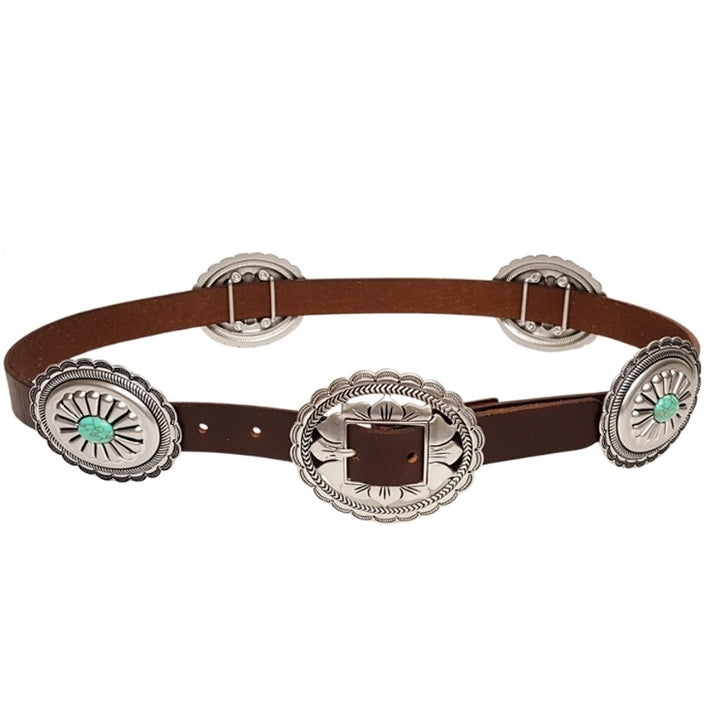 BROWN LEATHER FLORAL STONE CONCHO BELT