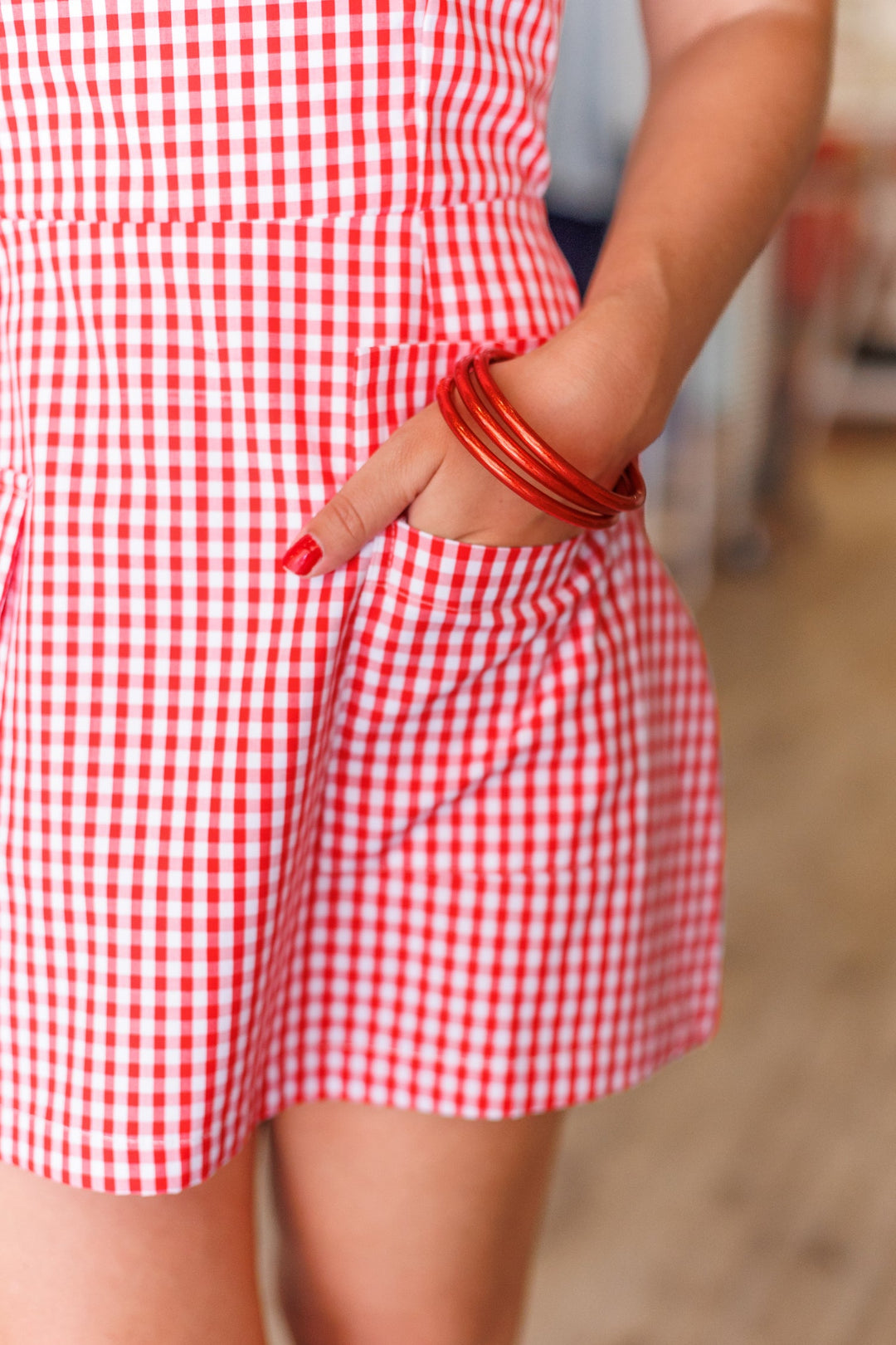 GINGHAM STRAPLESS ROMPER DRESS - RED