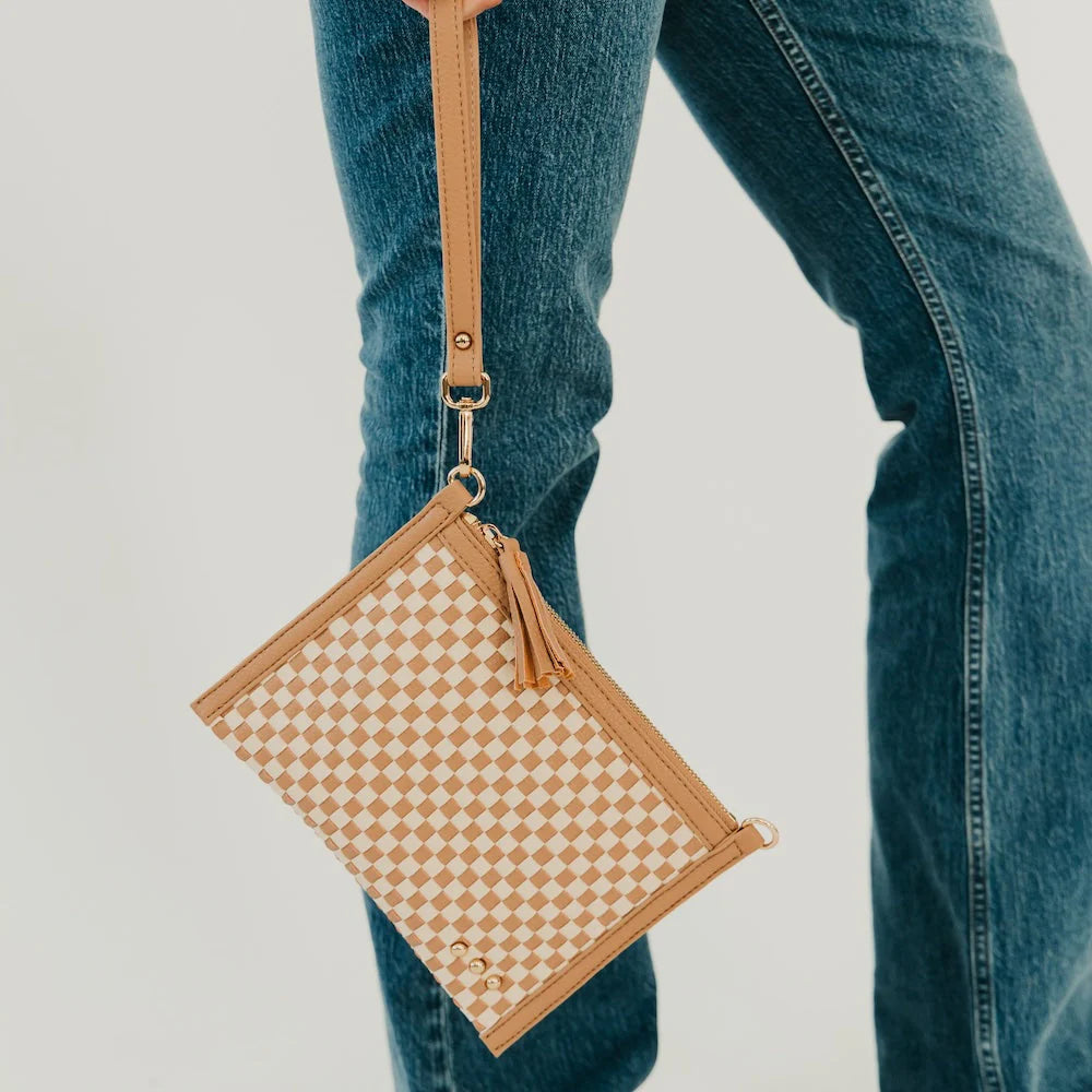 VEDA WOVEN CROSSBODY &amp; CLUTCH BAG-CHECKERED TAN