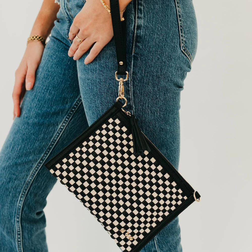VEDA WOVEN CROSSBODY &amp; CLUTCH BAG-CHECKERED BLACK