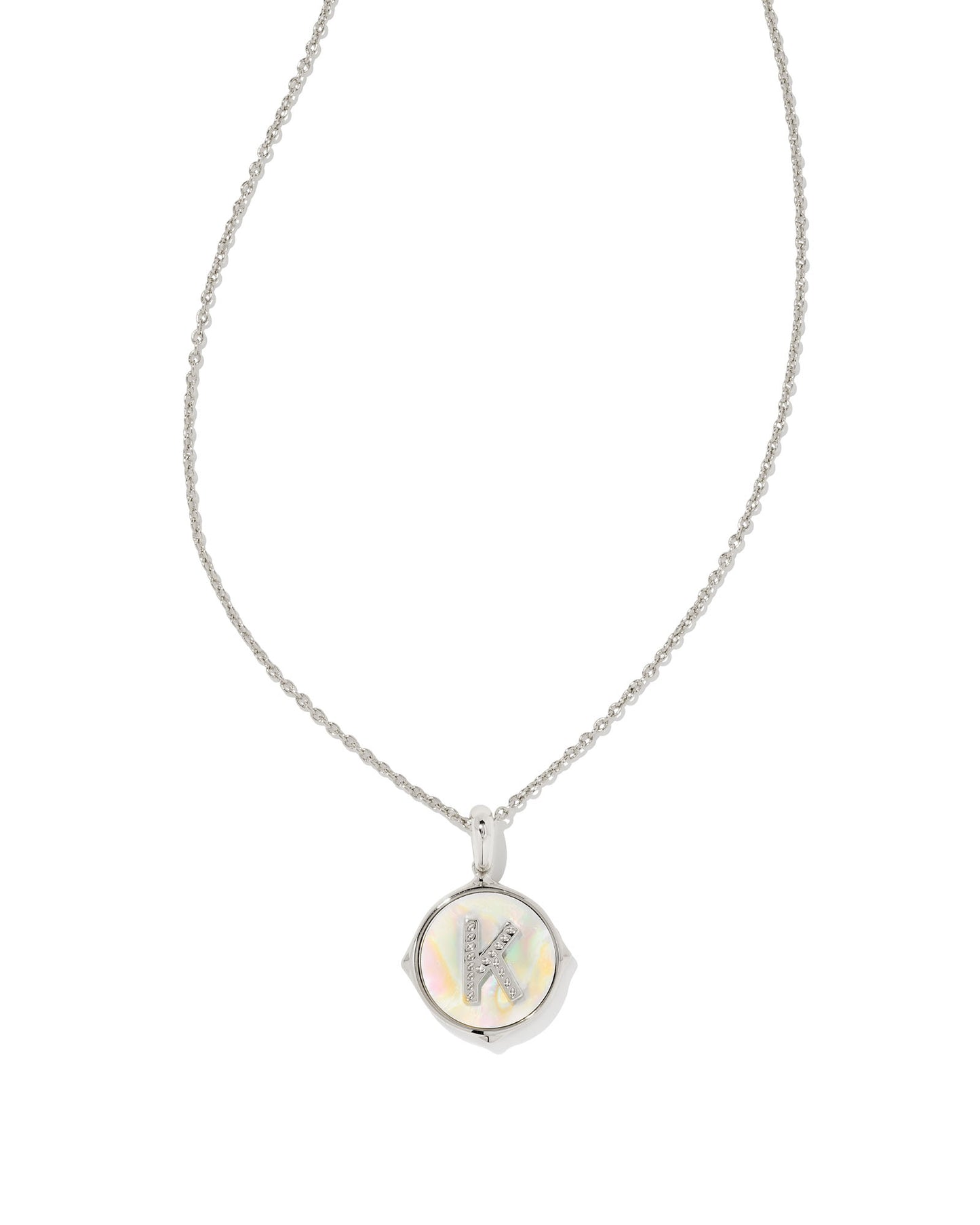KENDRA SCOTT: Letter Disc Pendant Necklace in Rhodium/Iridescent Abalone