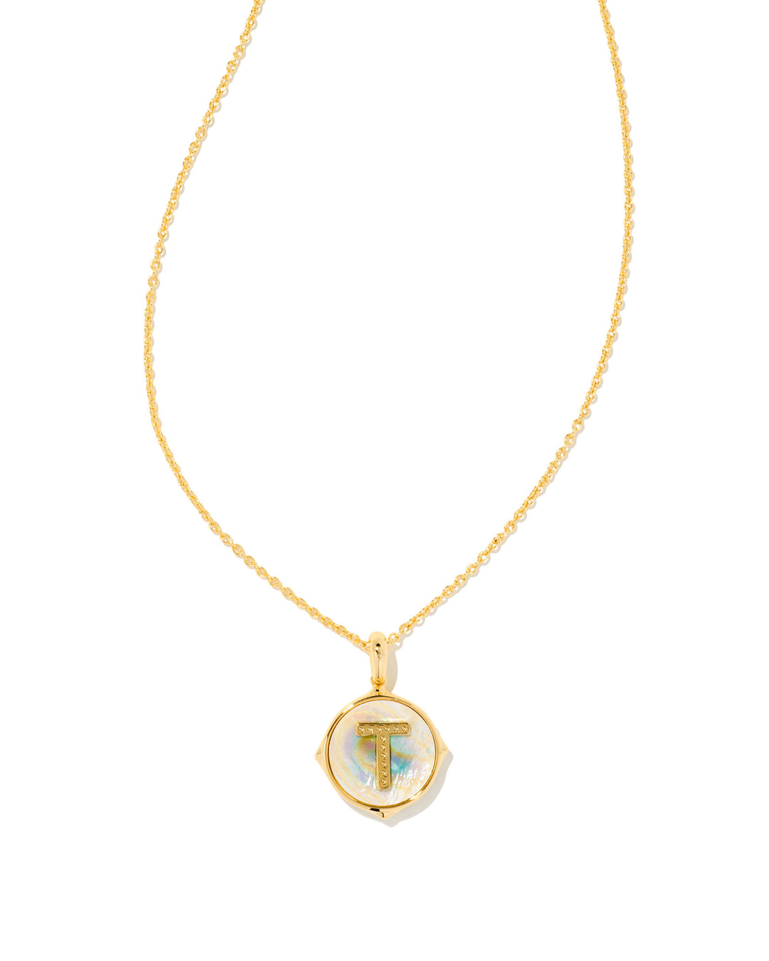KENDRA SCOTT: Letter Disc Pendant Necklace in Gold/Iridescent Abalone